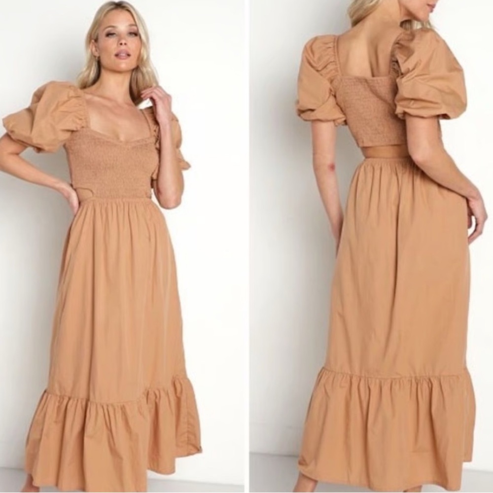 Faithfull the Brand Brown Tan Ruffled Tiered Maxi Dress